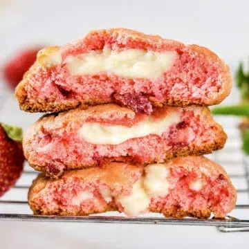 Strawberry cheesecake cookies with cake mix and creamy filling.