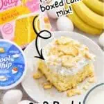 Banana pudding poke cake with bananas, whipped topping, and cookies on a plate.