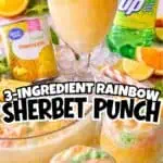 Colorful rainbow sherbet punch in glasses with oranges and lemon slices around.