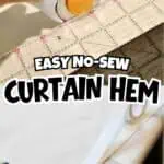 Hand applying hem tape to curtain fabric for easy no-sew hemming.