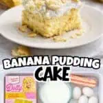 Banana pudding poke cake with bananas, cookies, and whipped topping on a white plate.