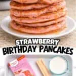 Stack of strawberry birthday pancakes topped with whipped cream and sprinkles.