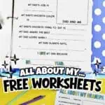 All About My Dad printable worksheet for Father's Day with colorful text and design.