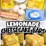 Ingredients for Lemonade Cheesecake Bars with cake mix and eggs displayed.