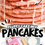 Stack of pink pancakes with icing syrup and strawberries for birthday breakfast.
