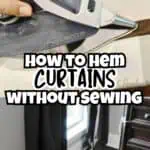 Ironing curtains with tape for hemming without sewing, close-up of iron and fabric.