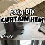 DIY curtain hem with tape before and after images showing transformation.