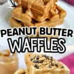 Delicious peanut butter waffles topped with chopped nuts and syrup.