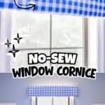 DIY window cornice with foam board and blue checkered fabric in a bright room.