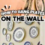 Decorative plates arranged on wall with glue and hanging instructions for DIY wall decor.