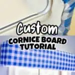 Close-up of a DIY window cornice board with foam and fabric, tutorial image.