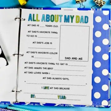 All about my dad printable page being filled out by a child inside a blue polka dot memory binder.