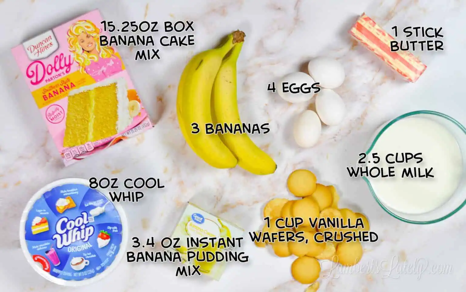 ingredients for banana pudding poke cake on a counter.