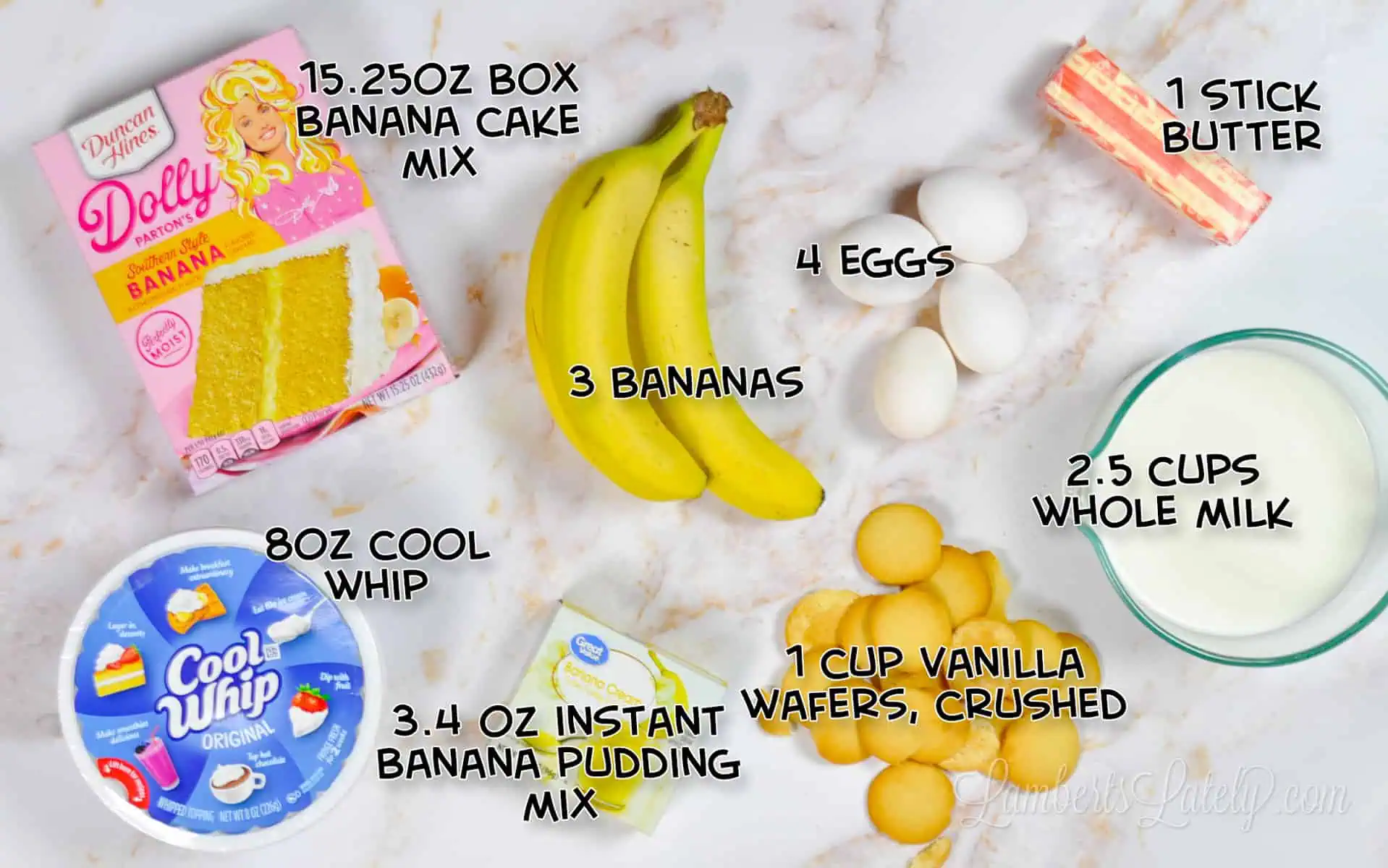 ingredients for banana pudding poke cake on a counter.