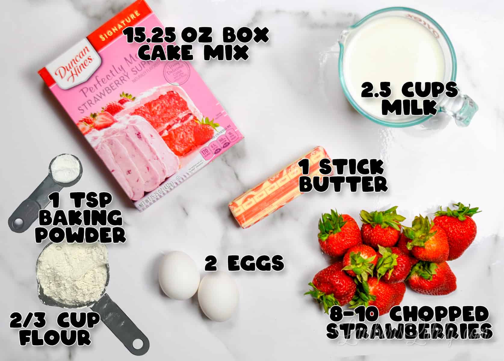 ingredients in strawberry cake mix pancakes.