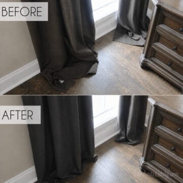before and after of long curtains hemmed with hem tape.