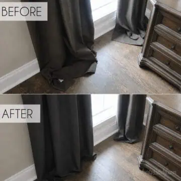 before and after of long curtains hemmed with hem tape.