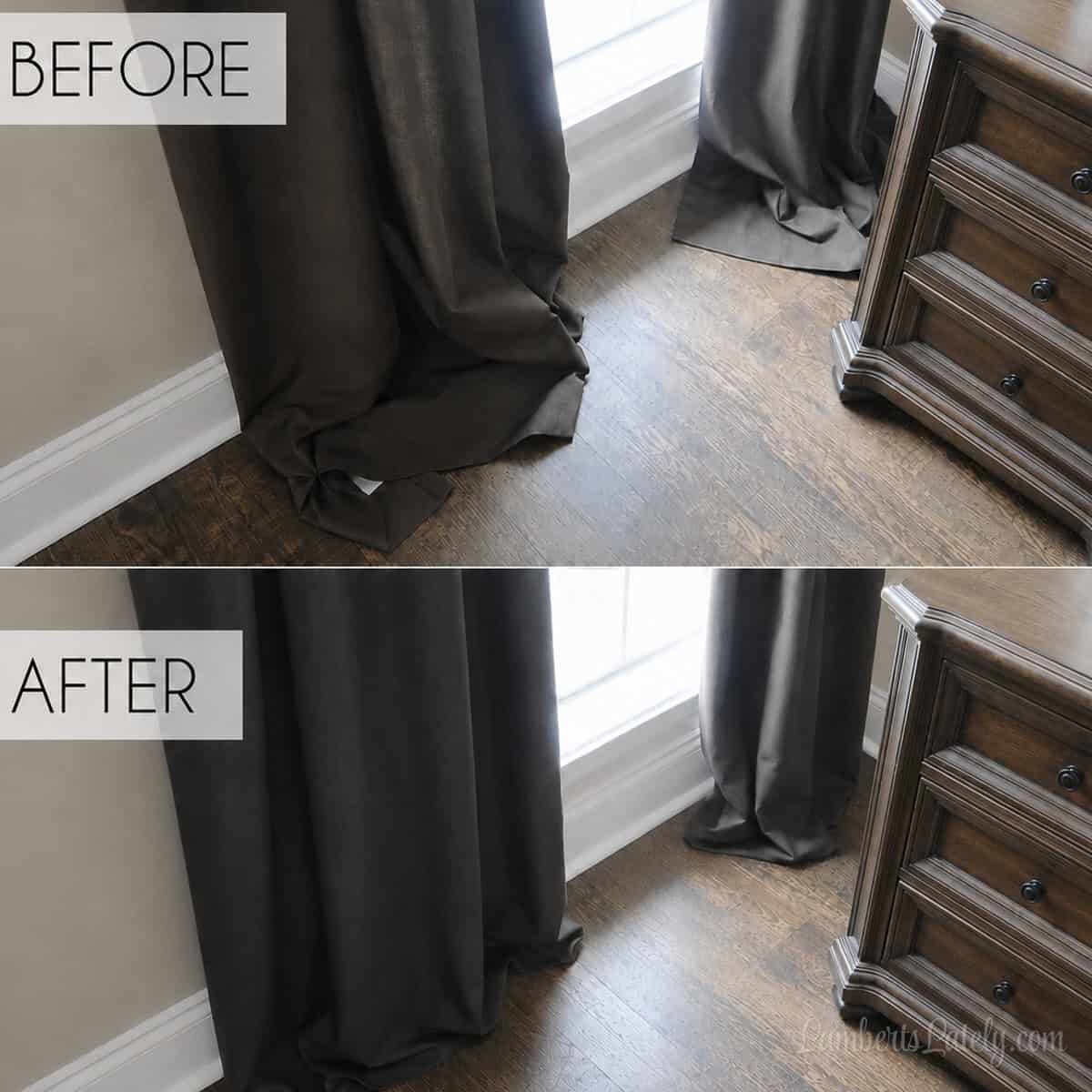 before and after of long curtains hemmed with hem tape.