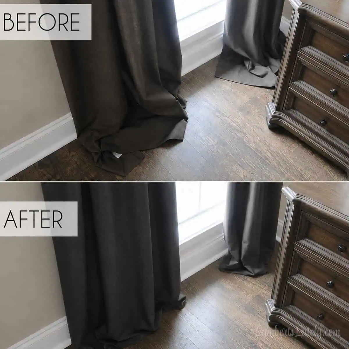 before and after of long curtains hemmed with hem tape.