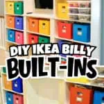 Colorful DIY Ikea Billy bookcase hack with storage bins and decor.
