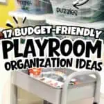 Organized playroom storage with labeled bins and small toys in a cart.