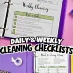 Cleaning schedule templates for daily and weekly chores with checkboxes and notes.