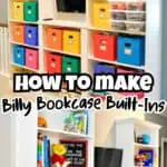 Colorful Billy bookcase built-ins with storage bins and decor in a modern room.