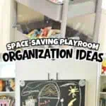 Small playroom with storage, chalkboard, and organized toys for kids.