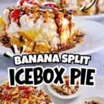 Delicious banana split icebox pie with toppings and colorful sprinkles.