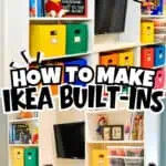 Colorful Billy bookcase hack for IKEA built-ins with storage bins and decor.