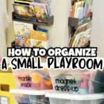 Organized small playroom with labeled storage bins and wall-mounted shelves for kids' books and toys.