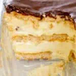 No-bake chocolate eclair cake with chocolate ganache and creamy filling.
