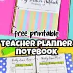 Colorful teacher planner notebook with weekly schedule pages and supplies on bright background.
