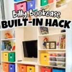Colorful storage bins in a DIY built-in Billy bookcase hack for organization.