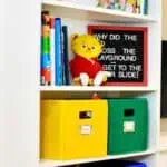 Colorful playroom storage with books, plush toy, and labeled bins for organization.