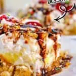 Close-up of banana split icebox cake with toppings and colorful sprinkles.