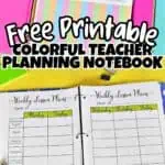 Colorful teacher planner notebook with weekly lesson plans and calendar pages.
