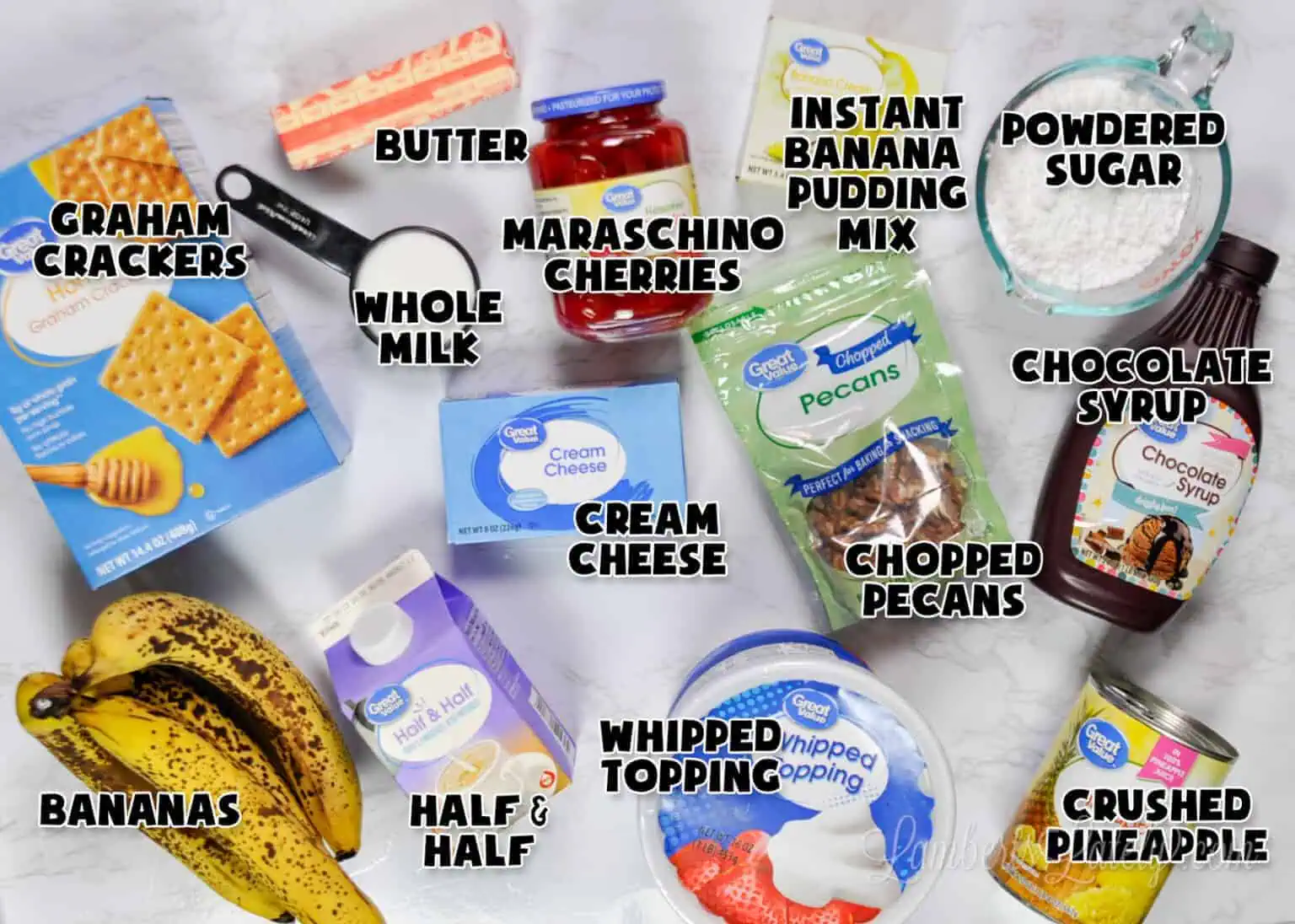 ingredients for easy no bake banana split cake.
