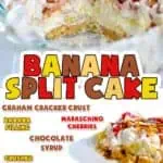 no bake banana split cake collage, with ingredients.