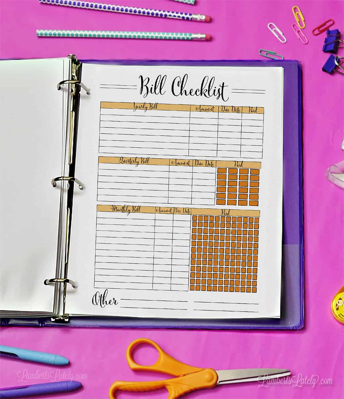 bill checklist printable in a notebook.