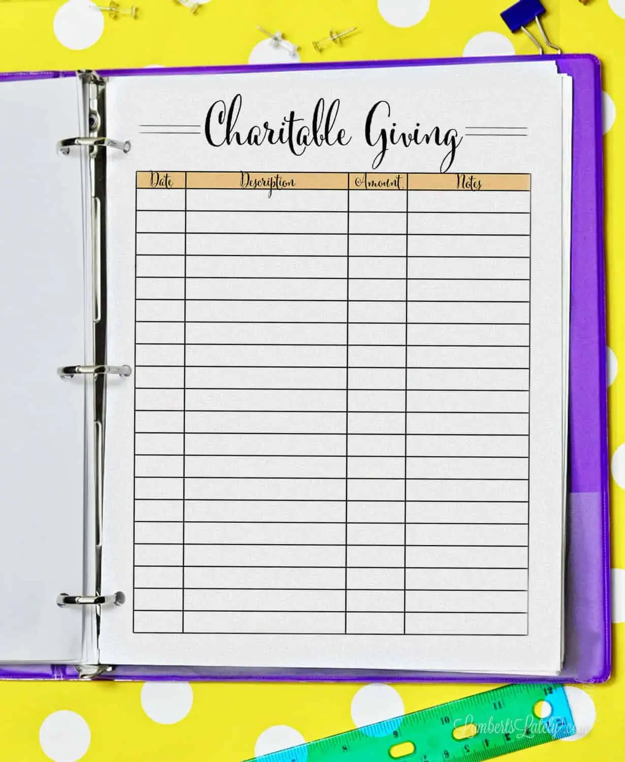 charitable giving page in a binder.