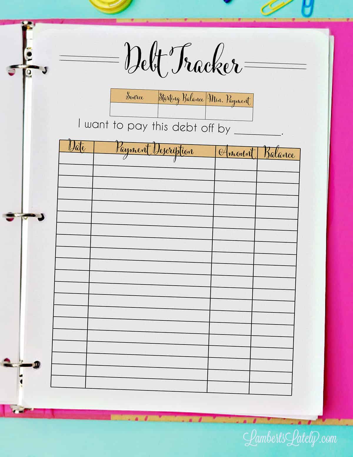 debt tracker page in a 3 ring binder.