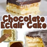 chocolate eclair cake collage.