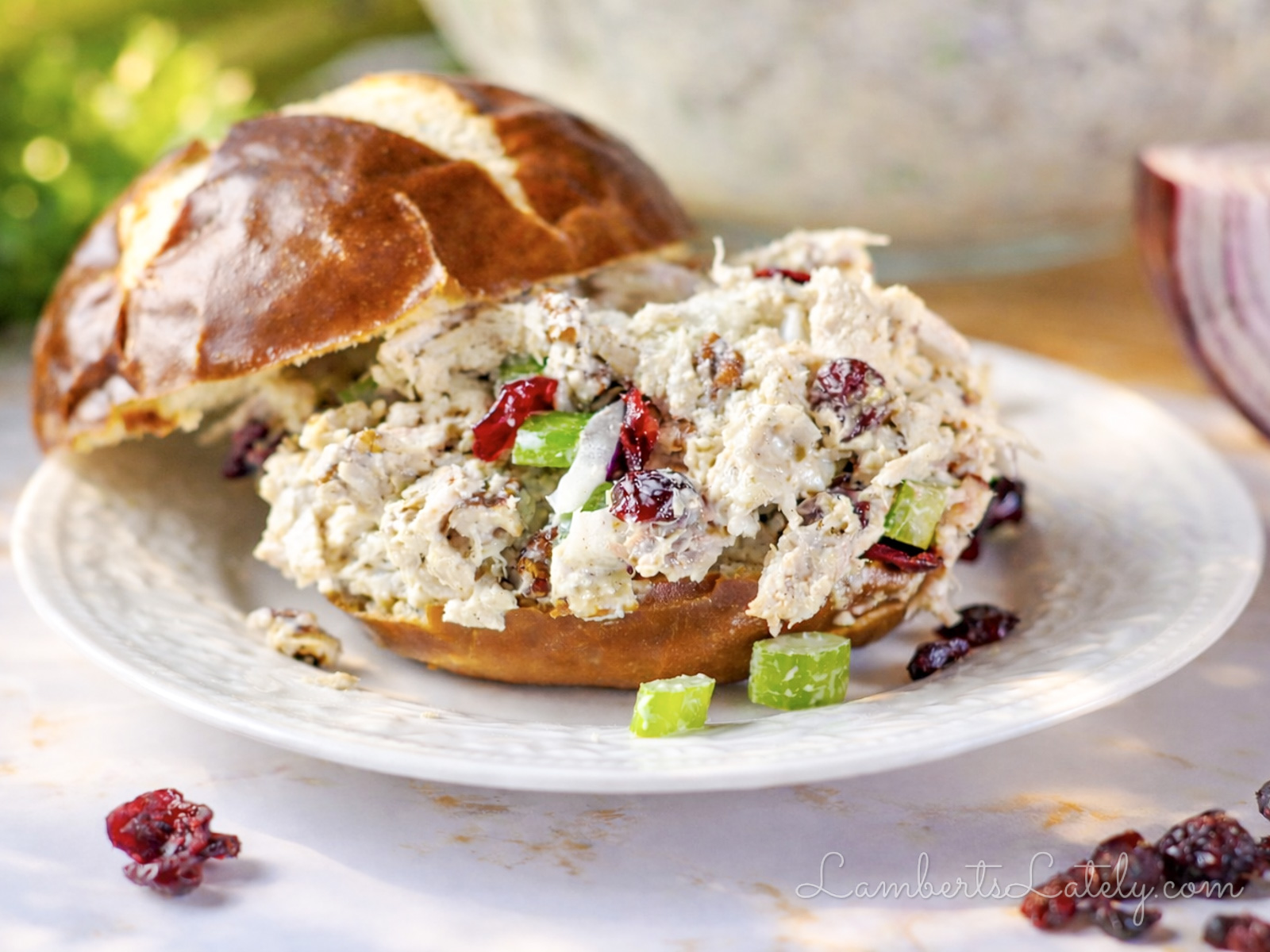 cranberry chicken salad on a pretzel bun, showing celery and dried cranberries, on a plate, surrounded by onions, celery, a bowl.