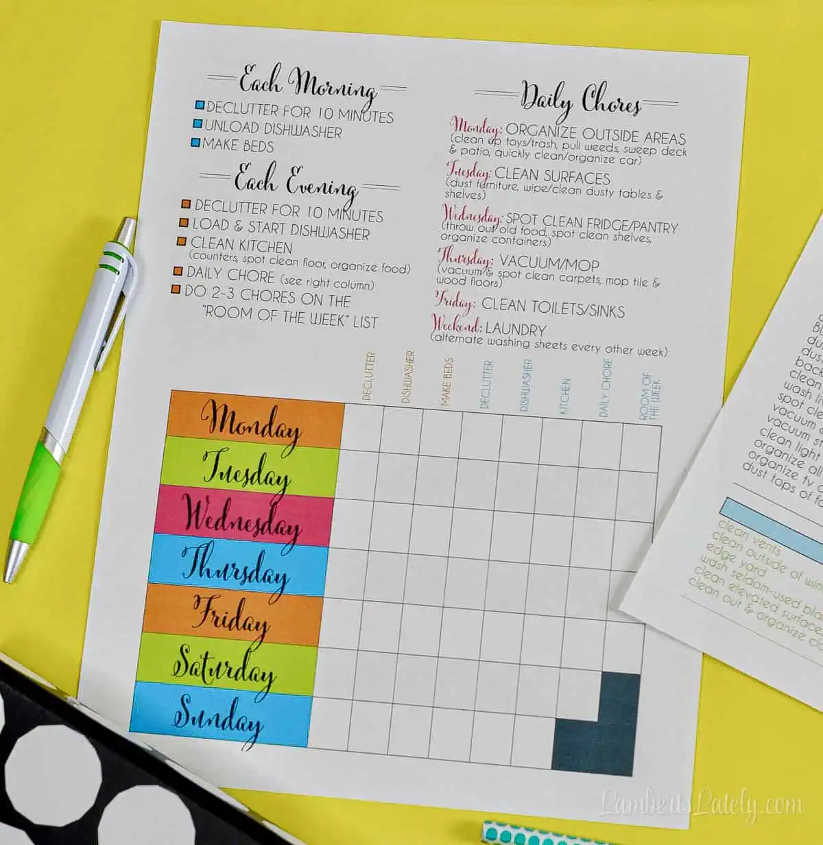 A colorful house cleaning checklist template displaying morning, evening, and daily chore tracking sections.