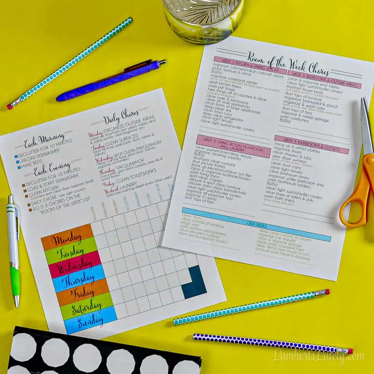 Free printable cleaning schedule daily and weekly routine layout pages showcased together on a yellow surface.