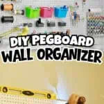 DIY pegboard wall organizer with hooks, bins, and tools for craft room storage.