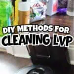 Robot vacuum cleaner with cleaning supplies on a wooden floor for vinyl plank flooring.