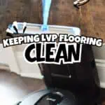 Robotic vacuum cleaner cleaning vinyl plank flooring with mop attachment in a home.