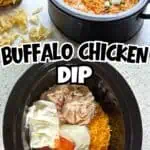 Creamy buffalo chicken dip in a slow cooker with shredded chicken and cheese.
